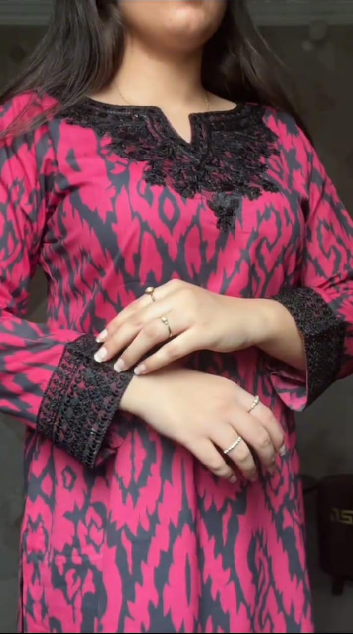 Pink & Black Ikat 3-Piece Lawn Suit with Embroidered Neckline & Patches
