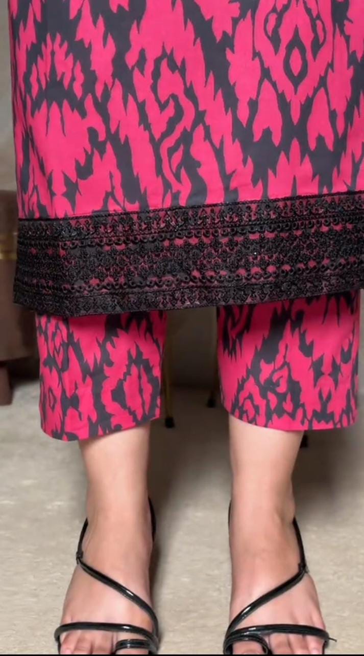 Pink & Black Ikat 3-Piece Lawn Suit with Embroidered Neckline & Patches